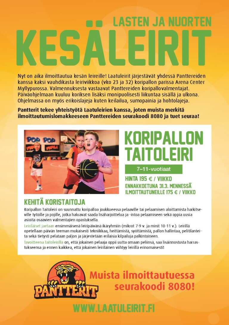 Pantterit järjestää kaksi koripallon kesäleiriä Myllypurossa 2.-6.6. ja 4.-8.8.2014