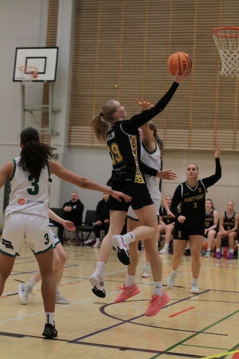 Kotijoukkueen tehokkain oli kuvassa korkeimmalla oleva numero 19  Vilma Alen 21 pisteellään. Kuva:Foto Solana