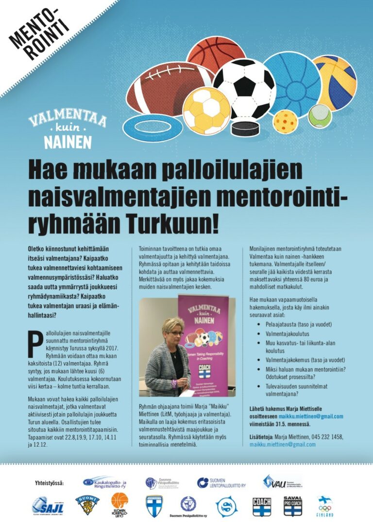 Hae mukaan palloilulajien naisvalmentajien mentorointiryhmään Turkuun